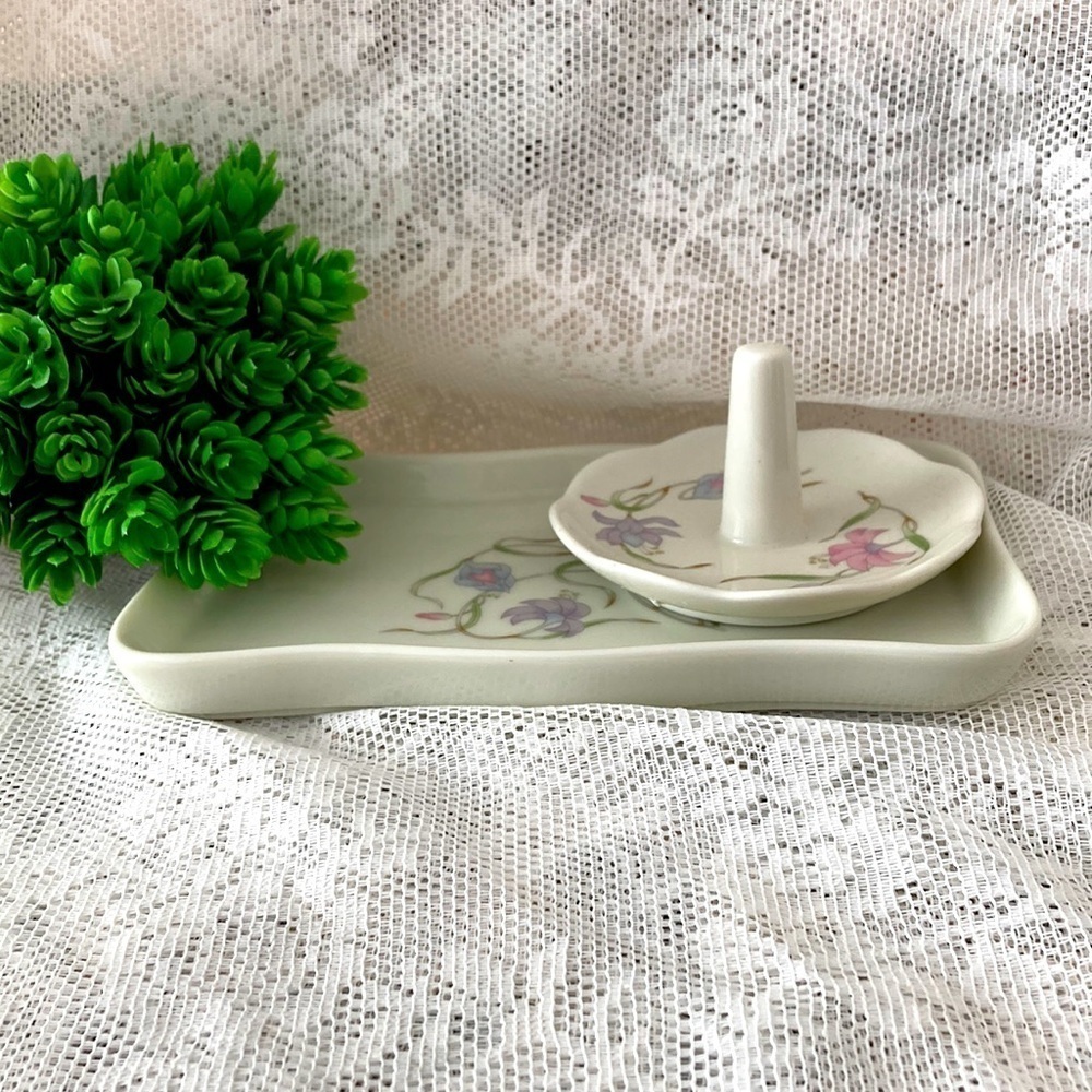 Vintage Ring Holder and Vanity Tray. Porcelain Floral made in Japan.